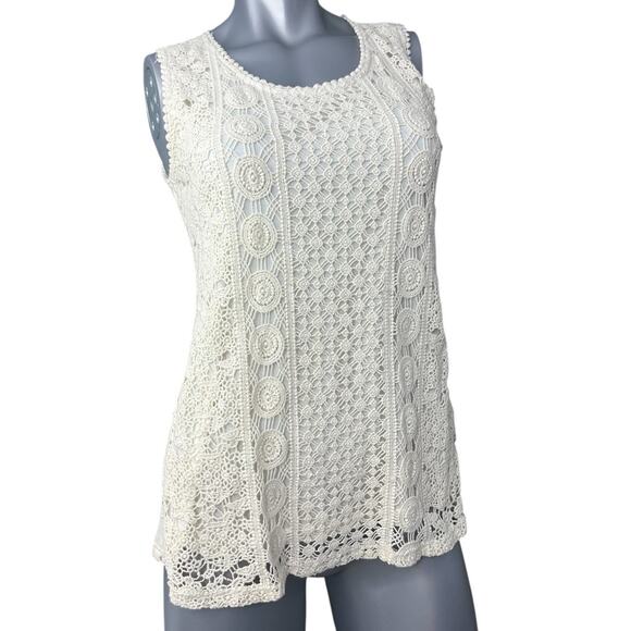 Solitaire Womens Ivory Cream Crochet Sleeveless Top Medium Tank Lace Cottage - Picture 2 of 11
